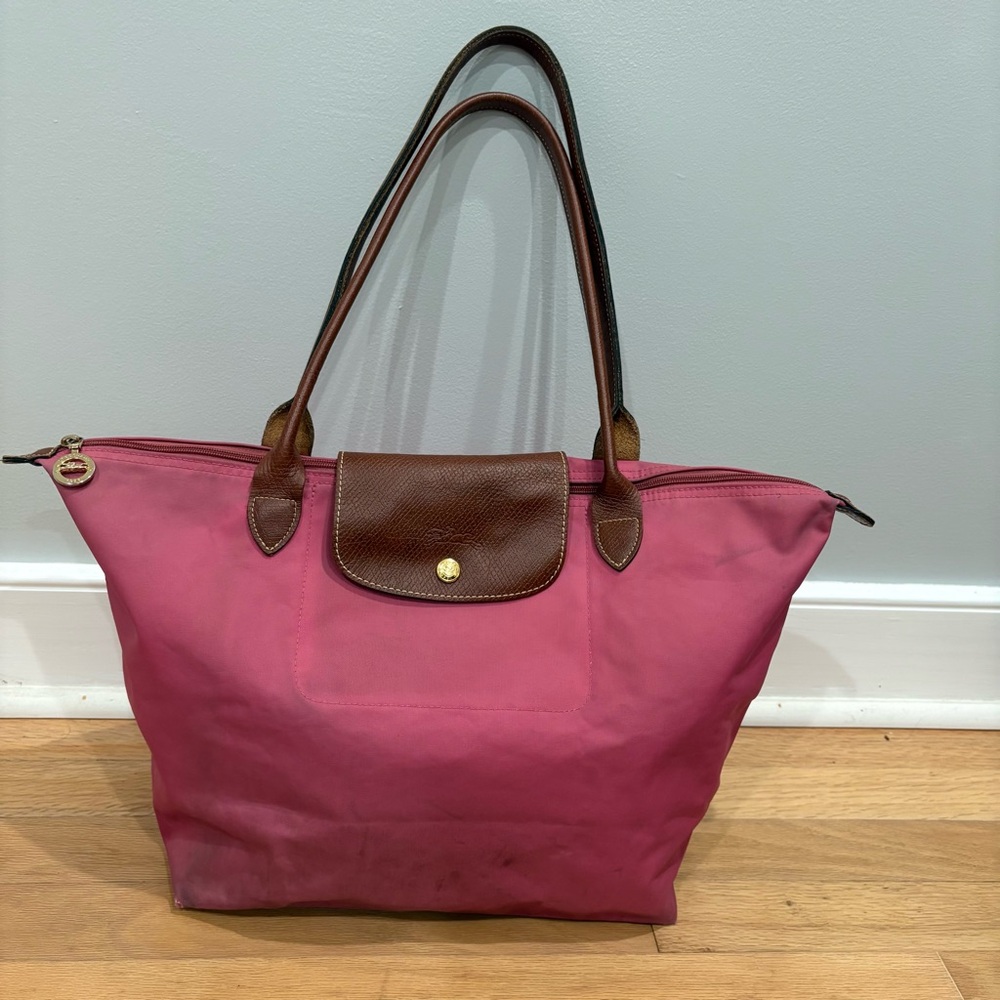 Large Longchamp Pink Tote with Brown Handles